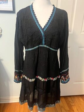 Johnny Was Black Embroidered V-neck Dress with Blue Trim